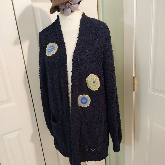 3554 2X Upcycled Zenana Navy Popcorn Texture Drop Shoulder Cardigan Sweater. - Picture 2 of 6